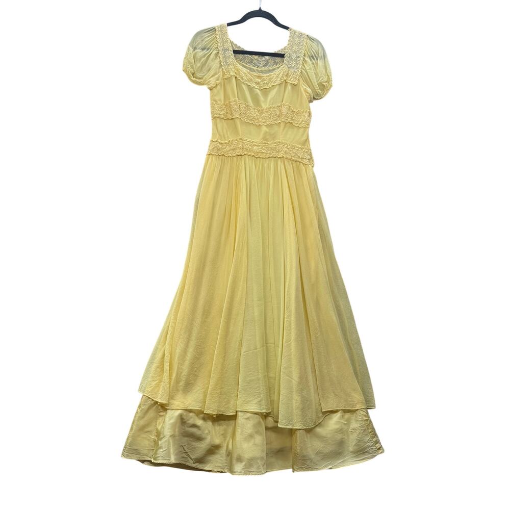Vtg New York Creation Lace Trim Square Neck Yellow Dress Sheer *No Size Tag